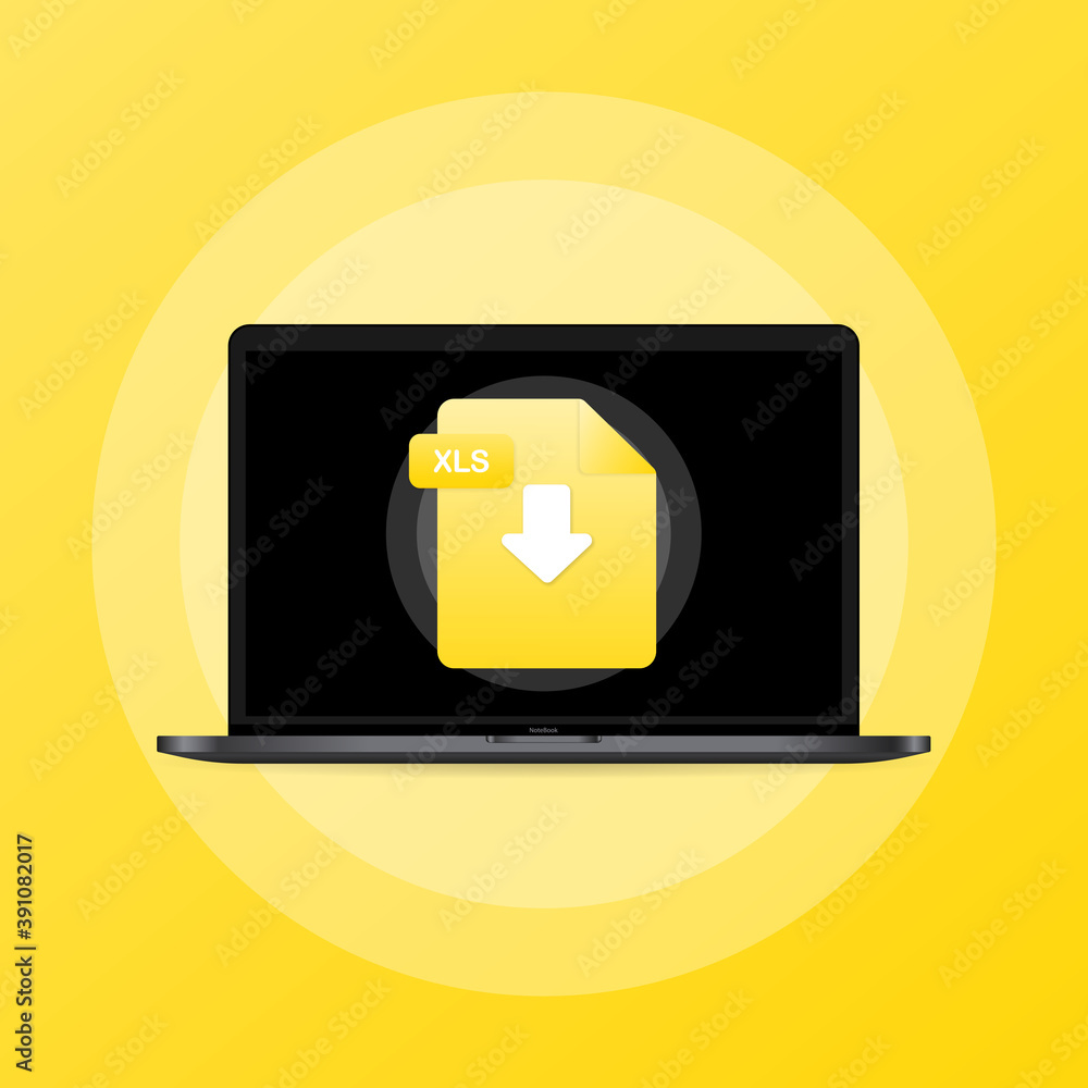 Poster laptop and download xls file icon. document downloading concept. xls label and down arrow sign. vect
