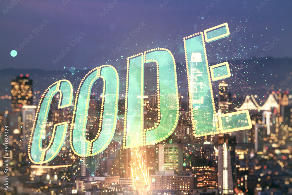 Poster code word hologram on san francisco skyscrapers background, artificial intelligence and neural netwo