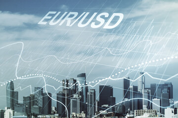 Abstract virtual EURO USD financial chart illustration on Los Angeles skyline background. Trading and currency concept. Multiexposure