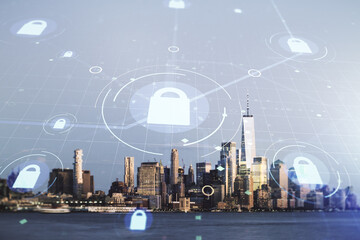 Fototapeta na wymiar Virtual creative lock symbol and microcircuit illustration on New York city skyline background. Protection and firewall concept. Multiexposure