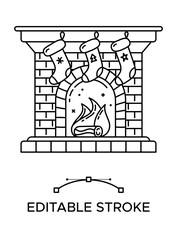 Fireplace with Santa socks linear icon. Cozy Christmas. Thick line pictogram. Isolated outline vector illustration. Duotone contour symbol. Editable stroke. Pixel perfect