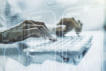 Abstract creative analytics data spreadsheet with hands typing on laptop on background, analytics and analysis concept. Multiexposure
