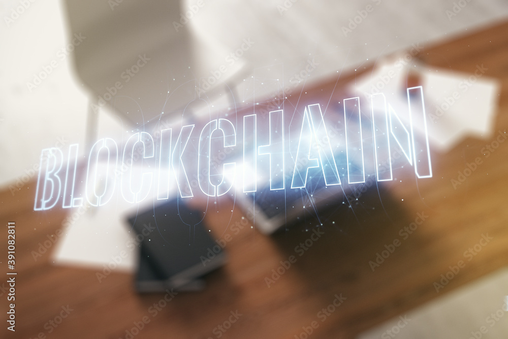 Poster creative abstract blockchain technology hologram and modern desktop with pc on background, cryptogra