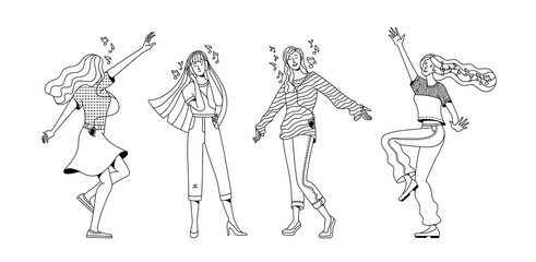 Collection of happy women enjoying music vector linear illustration. Flat duotone joyful female characters dancing at party. Music notes in the air. Cartoon good mood and positive thinking concept