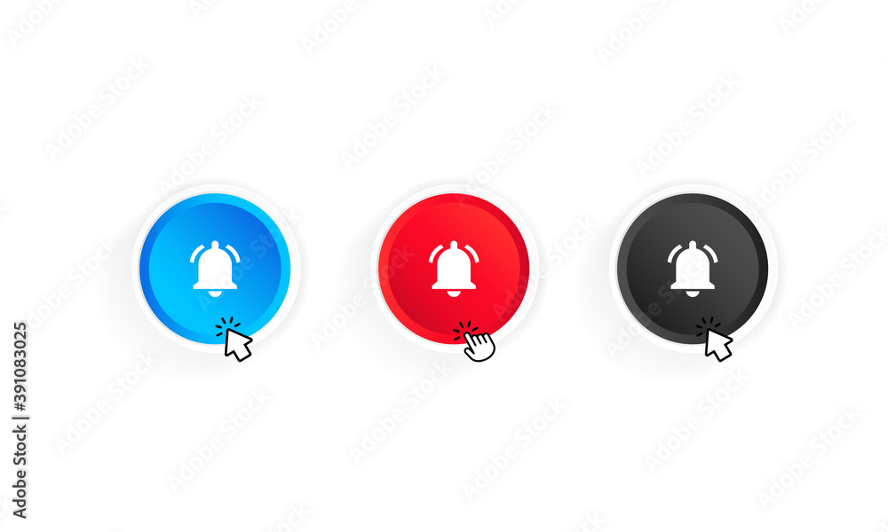 Poster bell notification button and cursor icon set. button subscribe to channel. blog. stream. ui design. 