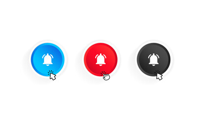 Bell notification button and cursor icon set. Button subscribe to channel. Blog. Stream. Ui design. Social media network. Vector on isolated white background. EPS 10