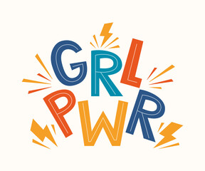 GRL PWR quote. Girl Power cute hand drawing motivation lettering phrase for t-shirts, poster, clothing, stick on laptop, phone, wall. Feminism slogan with lightning bolt symbol. Vector illustration.
