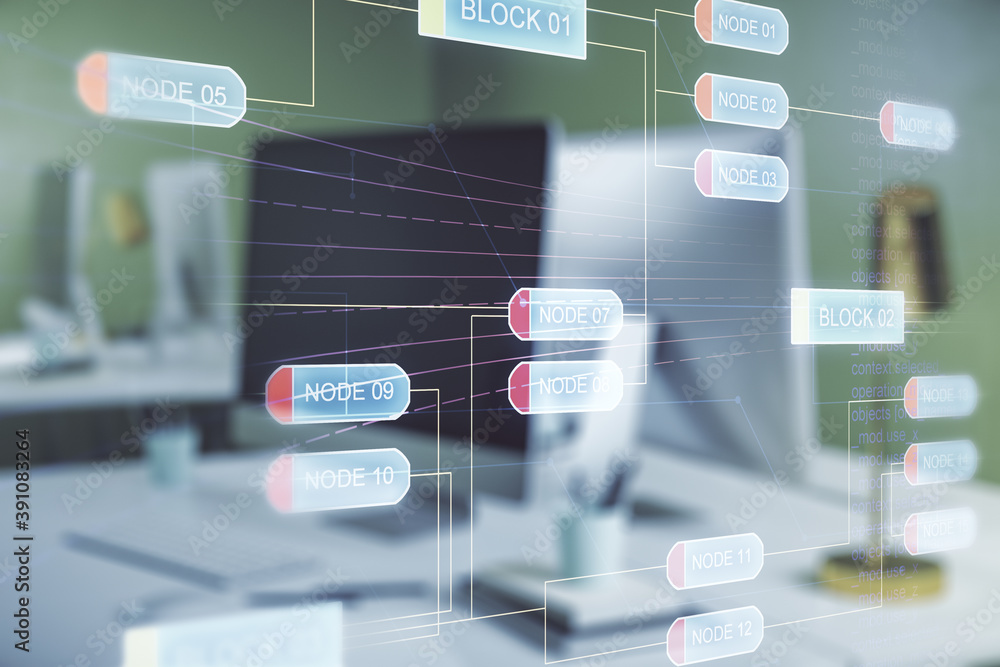 Poster double exposure of abstract programming language on laptop background, research and development conc