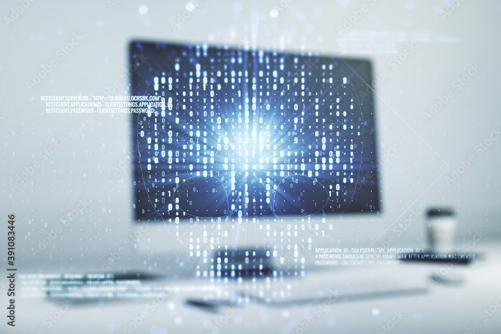 Poster creative code skull sketch on modern laptop background, theft of personal data and malware concept. 