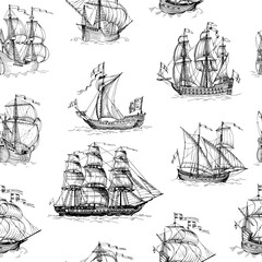 Old caravel, vintage sailboat. Hand drawn vector sketch. Detail of the old geographical maps of sea. Vector seamless pattern