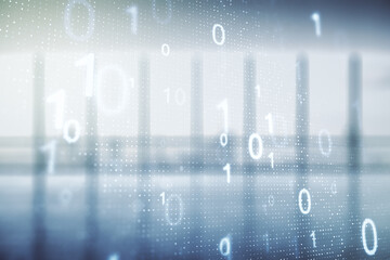 Abstract virtual binary code hologram on abstract empty interior background, AI and machine...