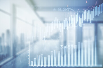 Abstract virtual financial graph hologram on modern interior background, financial and trading concept. Multiexposure