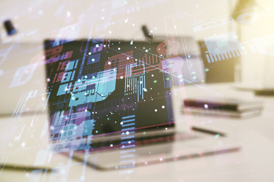 Double exposure of abstract programming language on laptop background, research and development concept