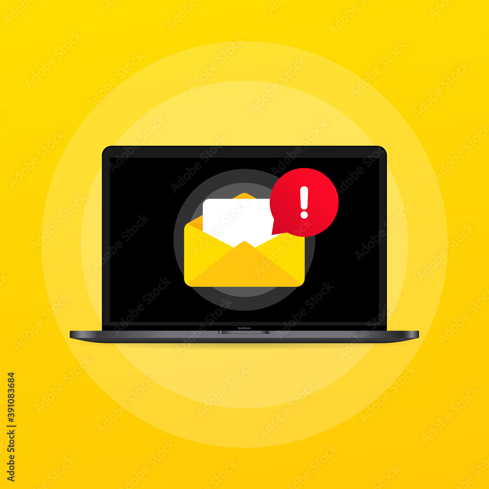 Poster email message on screen in laptop. envelope notification. newsletter on computer. vector on isolated