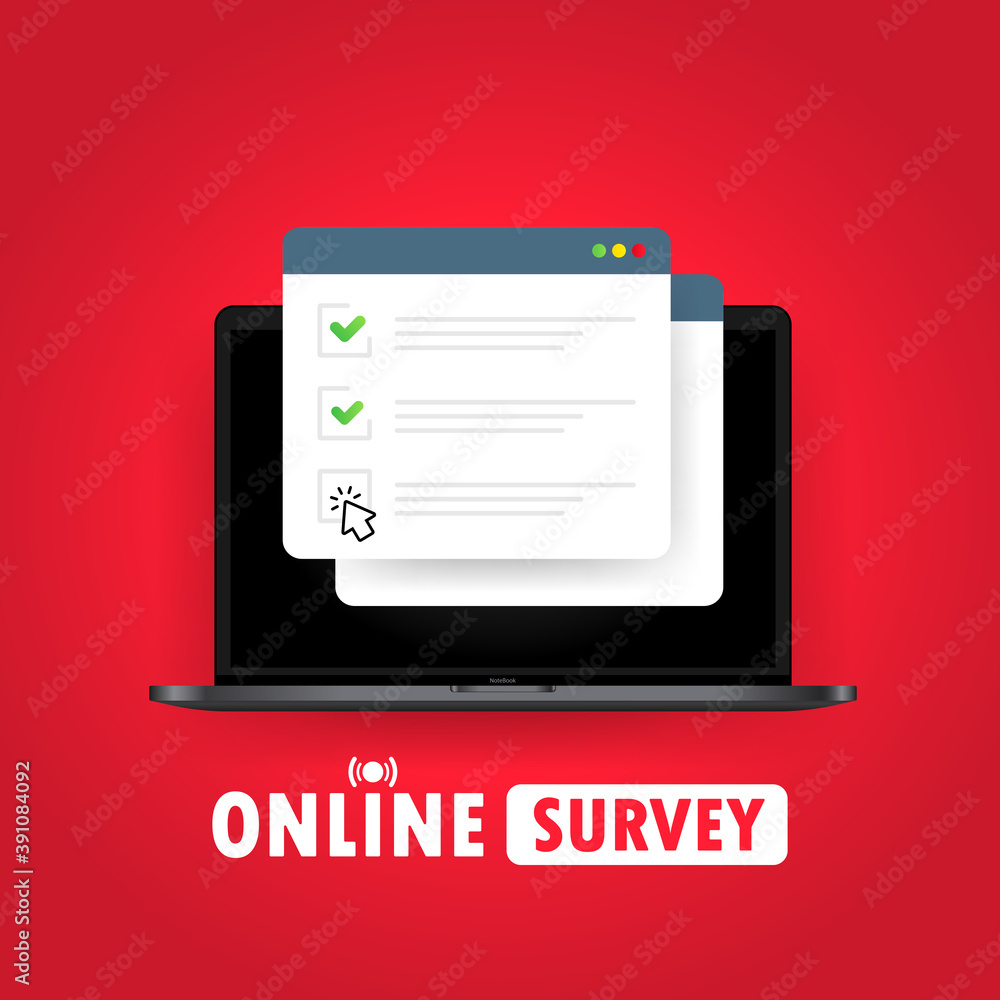 Poster online survey illustration. check list online form on laptop. report on website or web internet surv