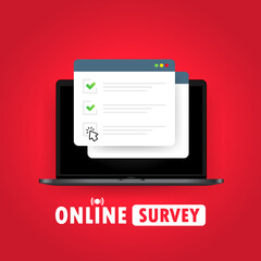 Online survey illustration. Check list online form on laptop. Report on website or web internet survey, exam checklist. Browser window with check marks. Vector on isolated white background. EPS 10