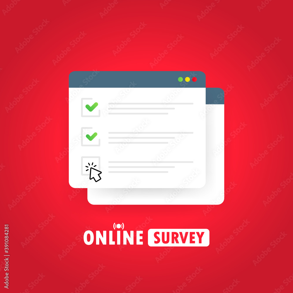 Poster online survey illustration. check list website window. with check mark. vector on isolated backgroun