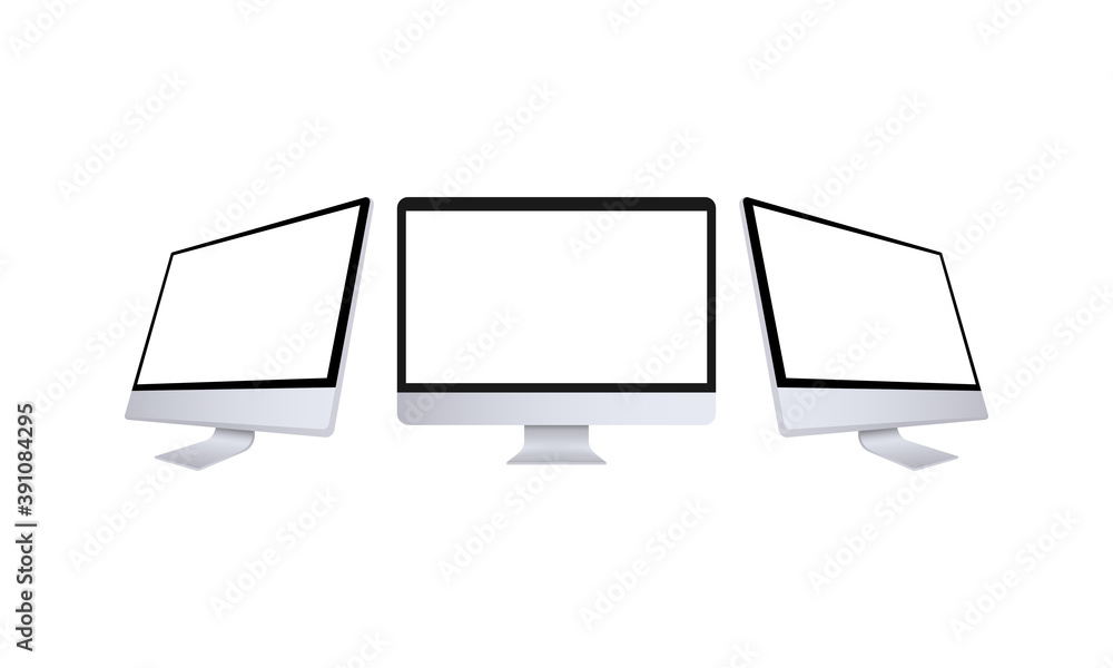 Aufkleber realistic computer monitor in front and side view. metal desktop mockup with white screen. template 