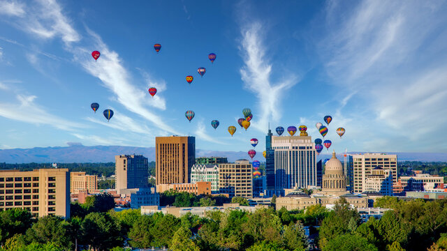 Boise City Skyline With Hot Air Balloons And Blue Sky