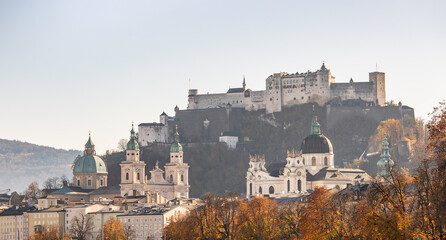 Fototapeta premium European city trip: Salzburg old city in autumn, colorful sunshine, Austria