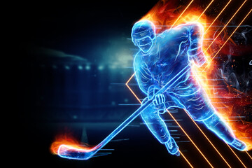 Silhouette of a hologram of a hockey player on fire on a dark background. The concept of sports, speed, sports betting. 3D illustration, 3D render.