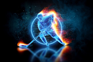 Silhouette of a hologram of a hockey player on fire on a dark background. The concept of sports, speed, sports betting. 3D illustration, 3D render.