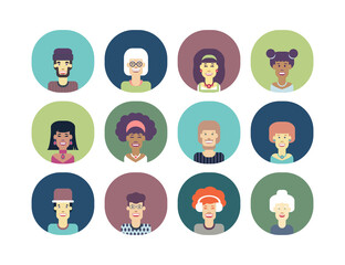 Avatars set of funny characters. Men and women of different nationalities and ages. Vector isolated illustration.