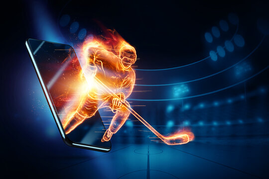 Online sports, silhouette of a hologram of a hockey player bursts out of a smartphone. The concept of sports, speed, rates. 3D illustration, 3D render.