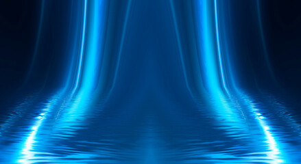 Fototapeta premium Abstract blue background with smooth lines and rays. Neon liquid, water overflows, waves.