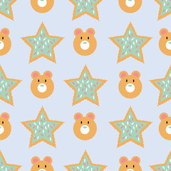 Seamless pattern of winter holiday cookies with icing and shaped as stars and bears on a blue background.