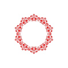 Red ornamental round, decorative floral folk art with abstract pomegranate tree, fruit and flowers for ceramic design, porcelain pattern, boutiques frame, wedding invitation, book header on white back