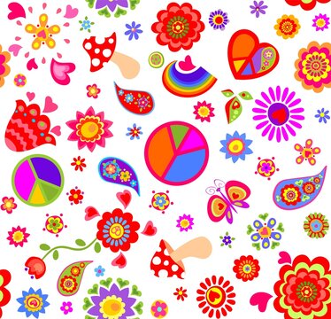 Seamless childish funny wallpaper with peace symbol, flower-power, daisy, fly agaric, paisley, butterflies and rainbow for bag design, fashion print, wrapping paper
