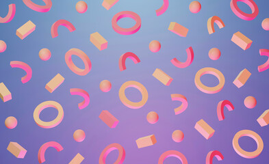 3D background neo memphis pattern in the 80s style of Abstract pink geometric shapes, sphere, cylinder, rings, half rings falling in space on a blue background with pink neon lights. 3d illustration