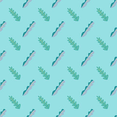 Seamless pattern of fun green and grey leaves on a bright blue background.