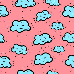Seamless pattern with clouds, pink background, vector illustration
