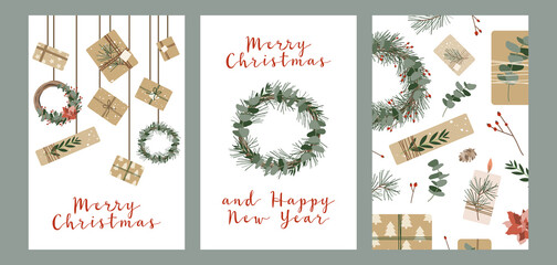Set of different christmas cards, invitation. Presents in kraft paper, candles and wreaths. Rustic gift box. Eco decoration. Xmas and New 2021 Year celebration preparation. Vector flat cartoon style