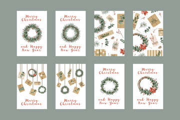 Fototapeta na wymiar Set of different christmas cards, invitation. Presents in kraft paper, candles and wreaths. Rustic gift box. Eco decoration. Xmas and New 2021 Year celebration preparation. Vector flat cartoon style