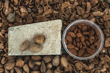 Many almonds recollected with a hammer to open them