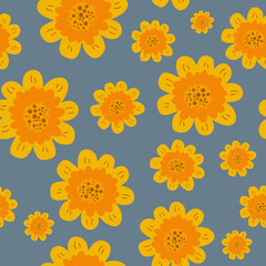 Fototapeta na wymiar Yellow and orange daisies on a dark gray background. Seamless background. Idea for wallpaper, textiles, packaging. 