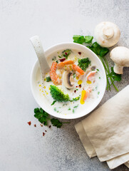 Shrimp, broccoli and mushrooms coconut milk soup