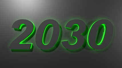 2030 black write on black surface with green backlight - 3D rendering illustration
