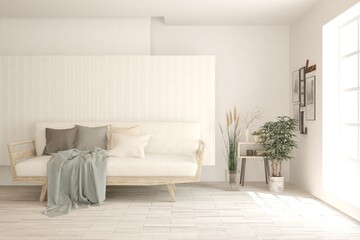 Fototapeta premium White living room with sofa. Scandinavian interior design. 3D illustration