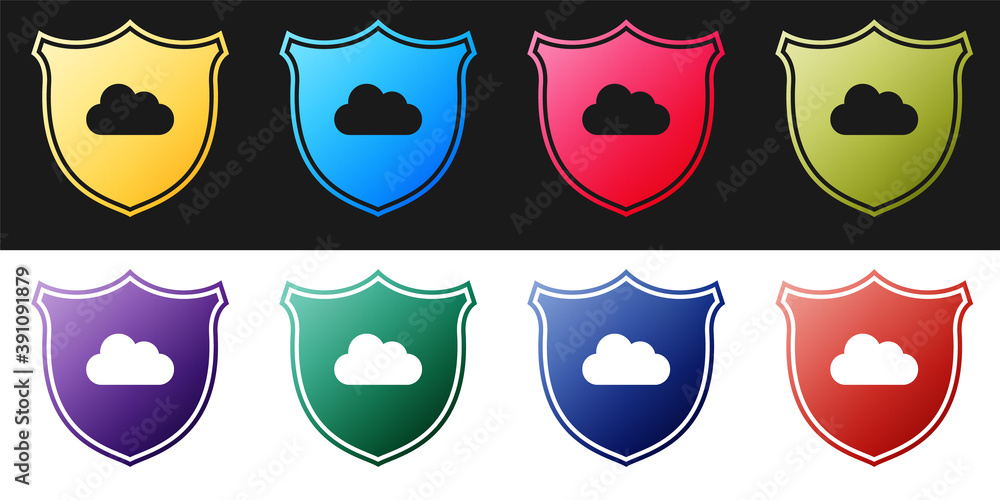 Poster set cloud and shield icon isolated on black and white background. cloud storage data protection. sec