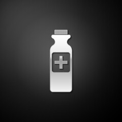 Silver Medicine bottle icon isolated on black background. Bottle pill sign. Pharmacy design. Long shadow style. Vector.