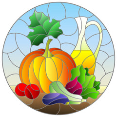 Illustration in stained glass style with still life, ripe vegetables and a bottle of oil, round image