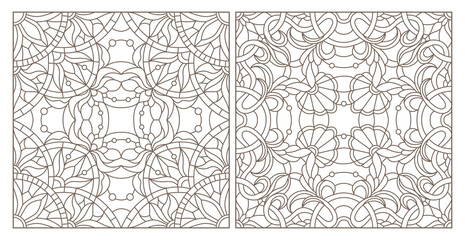 Set contour illustrations of stained glass with abstract swirls and flowers , square image, dark outlines on a white background