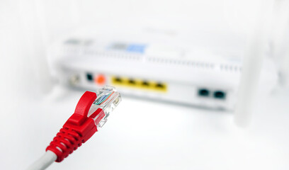 LAN network and internet connection, Ethernet RJ45 cable plug to lan port,modem router.Red.