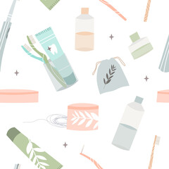 Oral care and health. Dental cleaning tools: toothbrush, toothpaste, dentifrice, dental floss, mouthwash, tongue scraper. Dental hygiene, teeth care. Vector flat cartoon illustration, seamless pattern