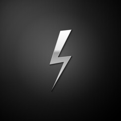 Silver Lightning bolt icon isolated on black background. Flash icon. Charge flash icon. Thunder bolt. Lighting strike. Long shadow style. Vector.