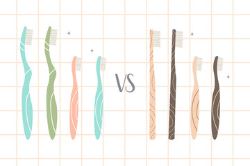 Dental cleaning tools: bamboo toothbrush vs plastic toothbrush. Oral care. Dental hygiene, teeth care. Vector flat cartoon illustration, landing page template, banner design, web